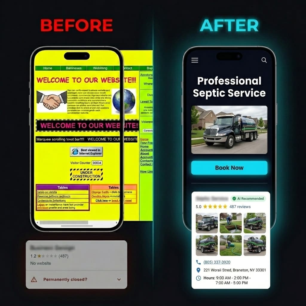 Before and After: Ugly website vs professional SEO-optimized site with Google Business Profile